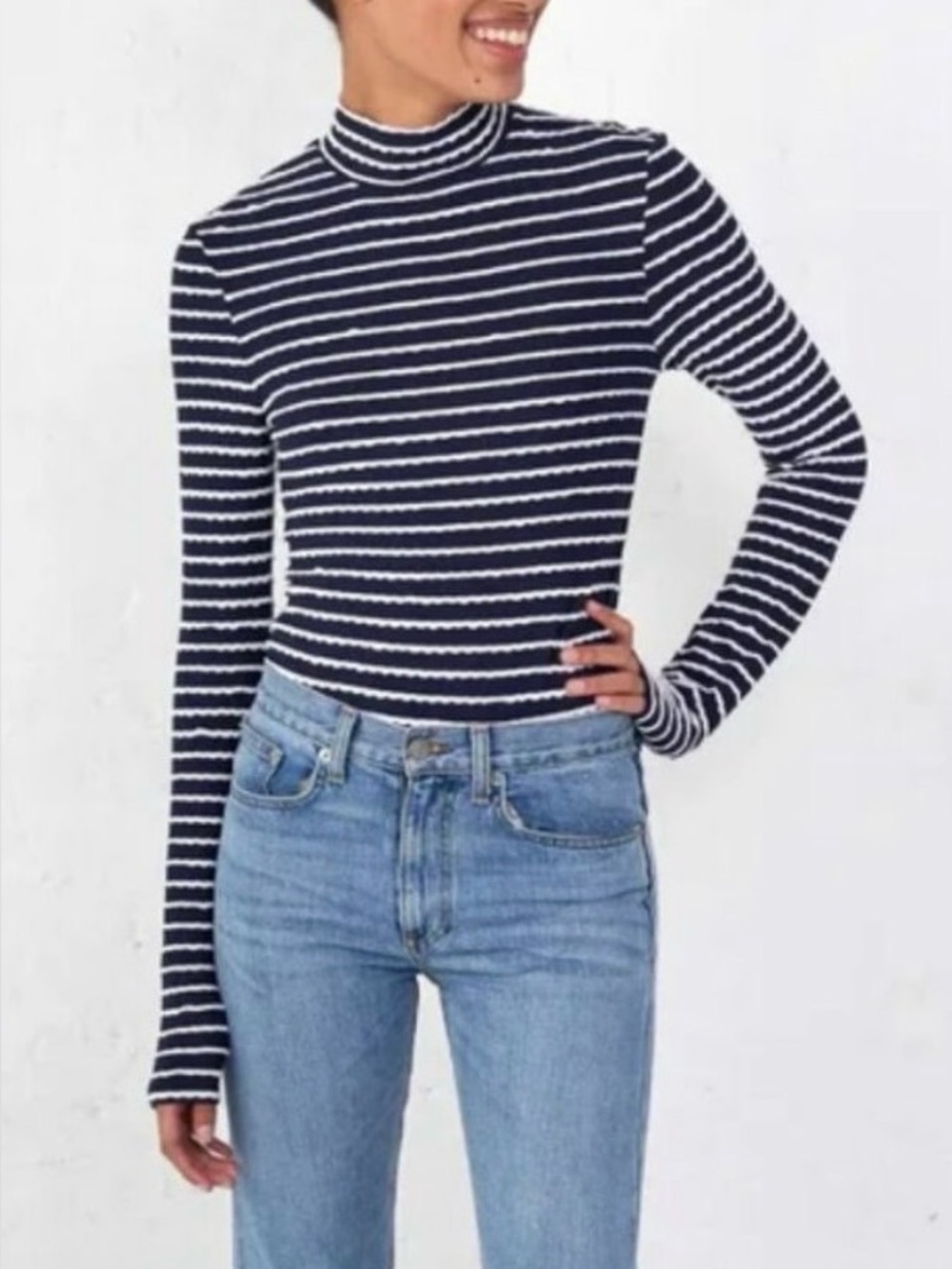 La Ligne Stripe Long Sleeve Mock Neck with Scallop Detail